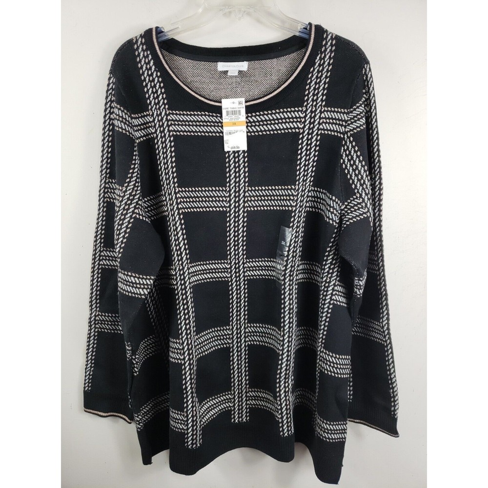 Charter Club Women's Sweater Shirt Size3X  Black Metallic Plaid Pullover NEW